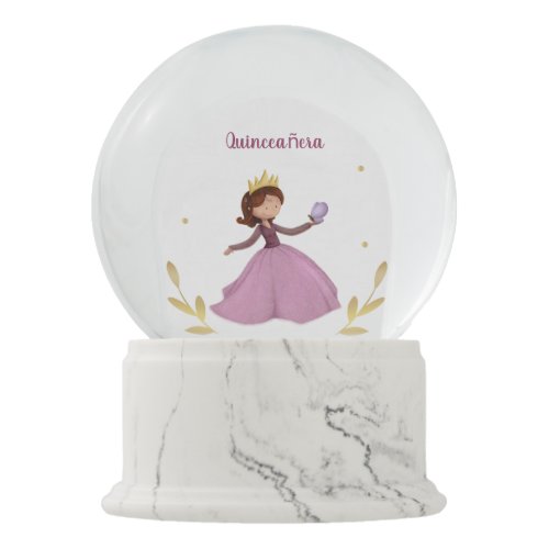 Quinceanera princess in pink dress with butterfly snow globe