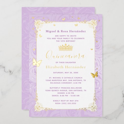 Quinceaera Princess Lilac Purple Floral Foil Invitation