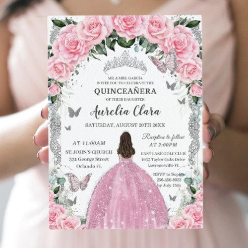 Quinceaera Princess Pink Floral Vintage Silver Invitation