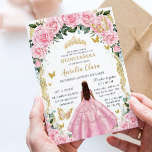 Quinceañera Princess Pink Rose Floral Vintage Gold Invitation