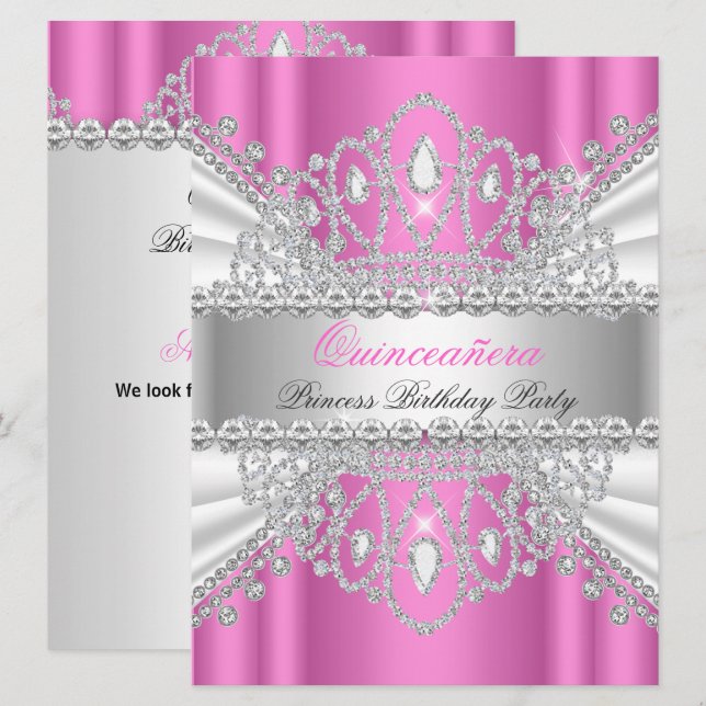 Quinceanera Princess Pink White Diamond Tiara Invitation (Front/Back)
