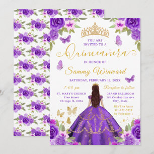 Quinceañera Princess Purple Floral Gold Tiara Invitation