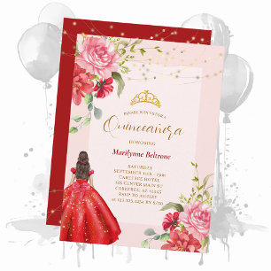 Quinceañera Princess Red Floral Invitation