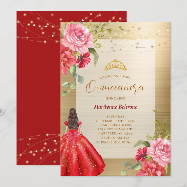 Quinceañera Princess Red Floral Invitation (Front/Back)