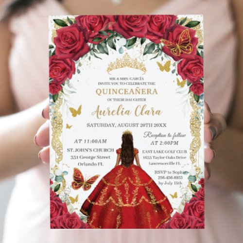 Quinceaera Princess Red Roses Floral Vintage Gold Invitation