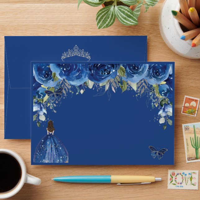 Quinceañera Princess Royal Blue Floral Silver Envelope (Desk)