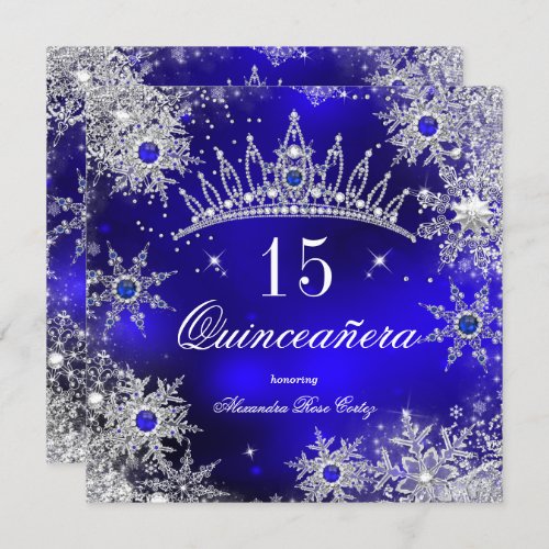 Quinceanera Princess Royal Blue Snowflake Tiara Invitation