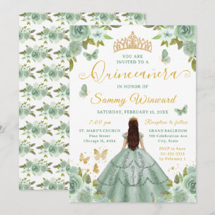 Quinceañera Princess Sage Green Floral Gold Tiara Invitation