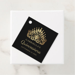 Quinceanera Princess Tiara Crown Black Gold Favor Tags