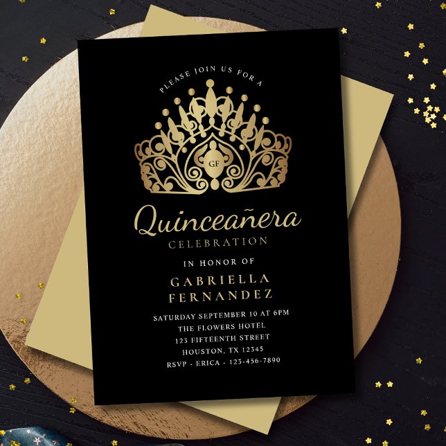 Quinceanera Princess Tiara Crown Black Gold Invitation (Creator Uploaded)