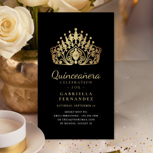 Quinceanera Princess Tiara Crown Black Gold RSVP Enclosure Card