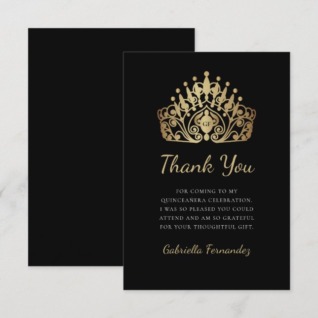 Quinceanera Princess Tiara Crown Monogram Thank You Card (Front/Back)