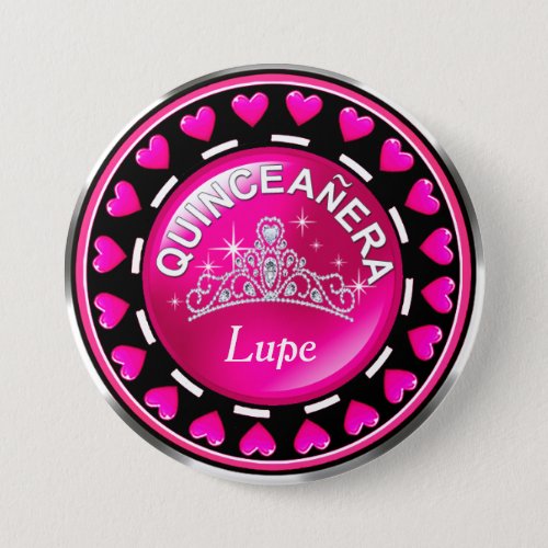 Quinceanera Princess Tiara Love Hearts  hot pink Button