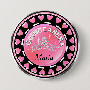 Quinceanera Princess Tiara Love Hearts   pink Pinback Button