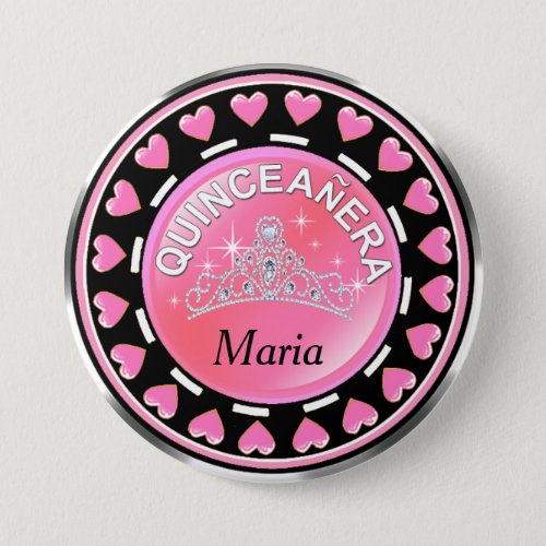 Quinceanera Princess Tiara Love Hearts  pink Pinback Button