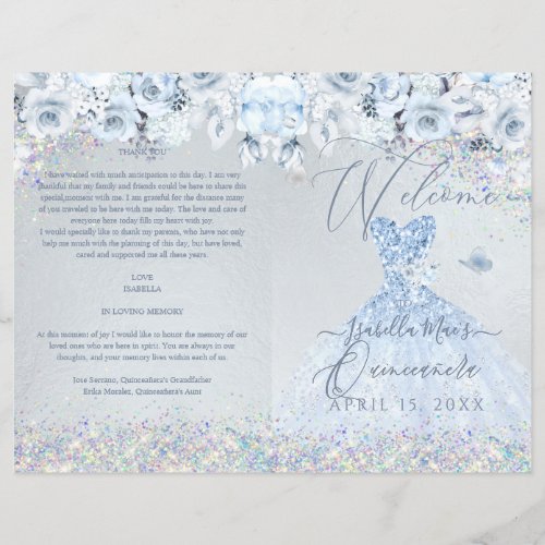 Quinceanera Program Baby Blue Floral Glitter Gown