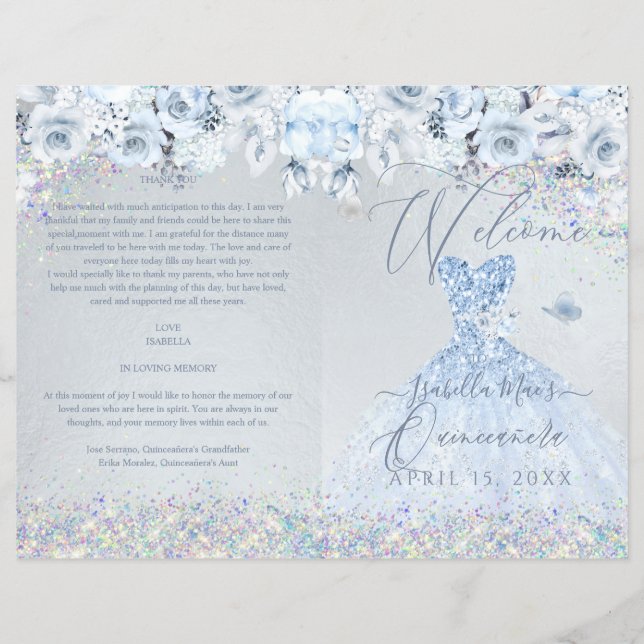 Quinceanera Program Baby Blue Floral Glitter Gown (Front)