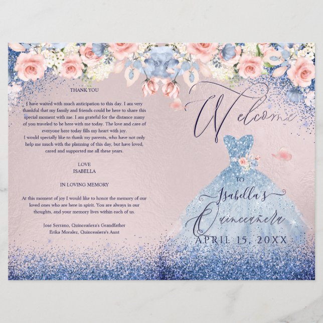 Quinceanera Program Blush Floral Navy Glitter Gown (Front)