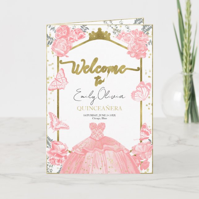 Quinceanera Programs Pink Dress Floral Gold Foil (Front)