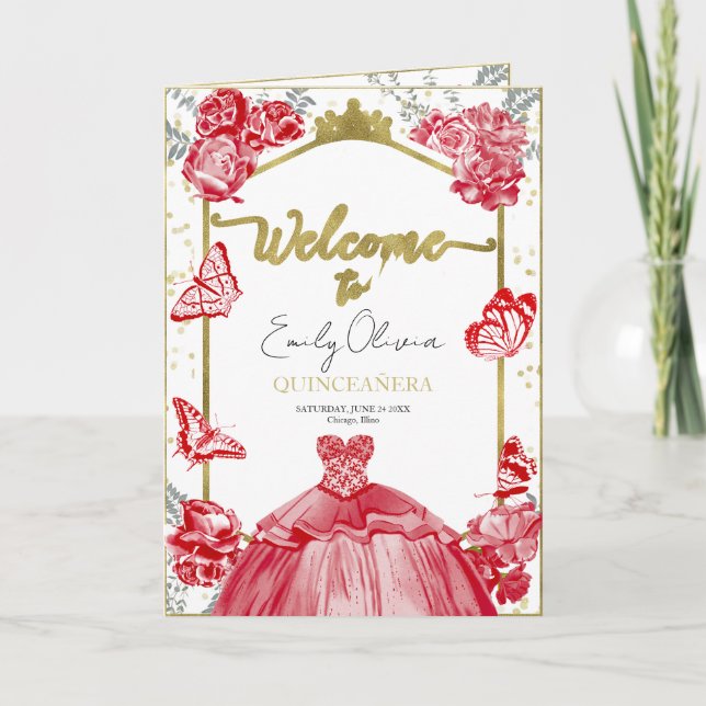 Quinceanera Programs Red Dress Floral Gold Foil (Front)