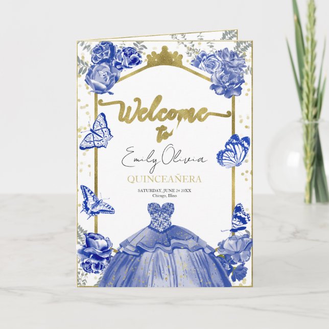 Quinceanera Programs Royal Blue Dress Floral Gold  (Front)