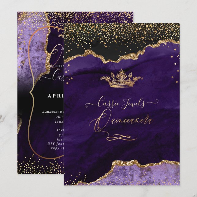 Quinceanera, Purple Agate Faux Gold Confetti Invitation (Front/Back)