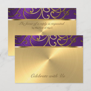 Quinceanera Purple and Gold Filigree Swirls Invitation