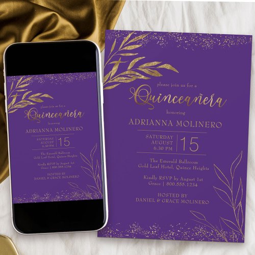 Quinceanera Purple and Gold Leaf Elegant Birthday Invitation