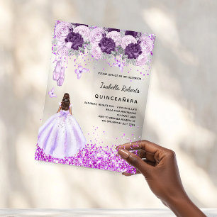 Quinceanera purple ballerina dress florals clear acrylic invitations