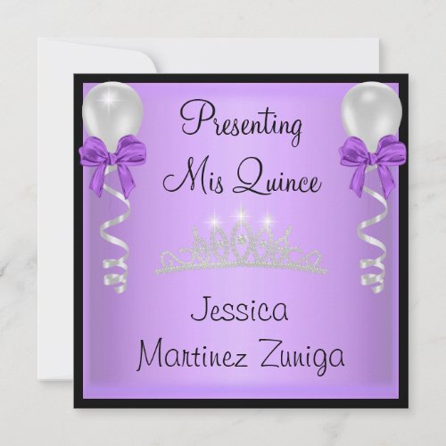 Quinceanera Purple Black Silver Jewel Tiara Personalized Invitation