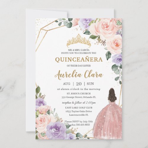 Quinceaera Purple Blush Floral Rose Gold Dress Invitation