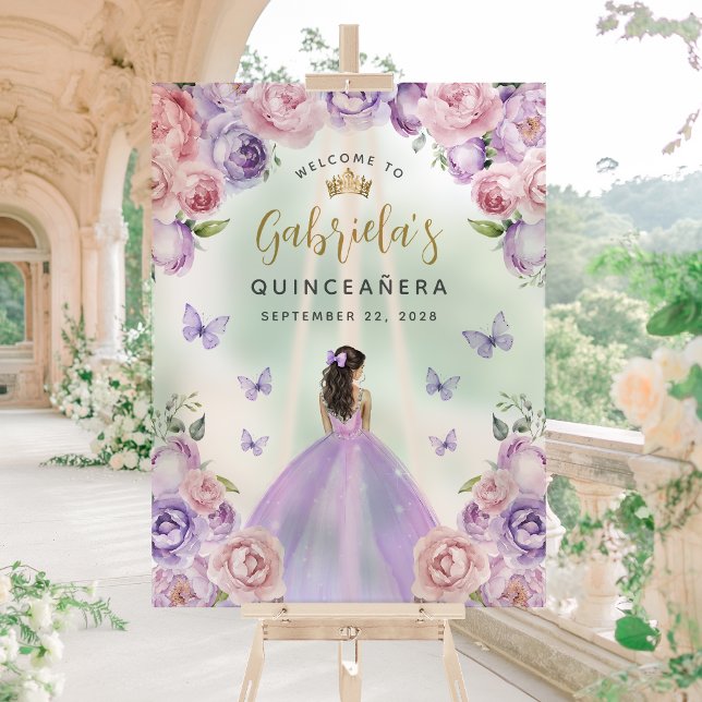 Quinceañera Purple Blush Gold Floral Welcome Acrylic Sign (Creator Uploaded)