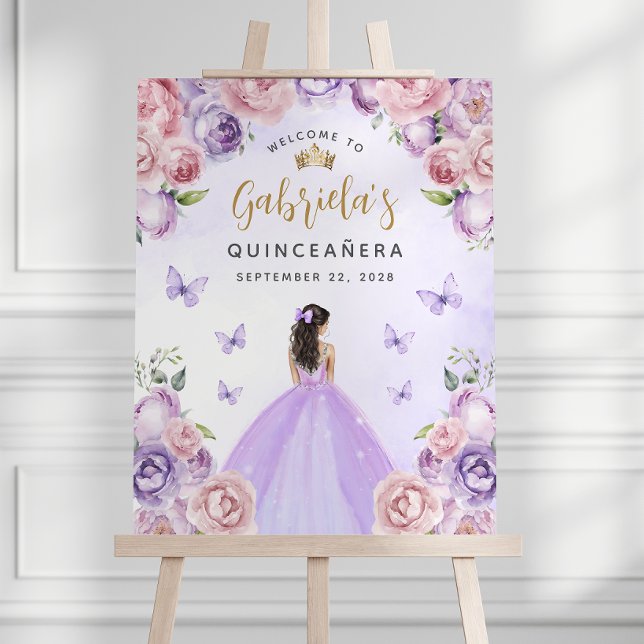 Quinceañera Purple Blush Gold Floral Welcome Foam Board (Creator Uploaded)