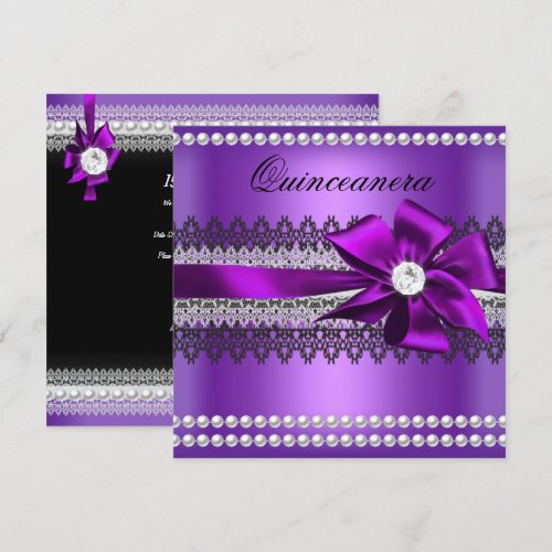 Quinceanera Purple Bow Black Pearl Lace Diamond Personalized Invite