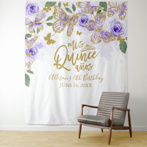Quinceanera Purple Butterflies Floral Backdrop