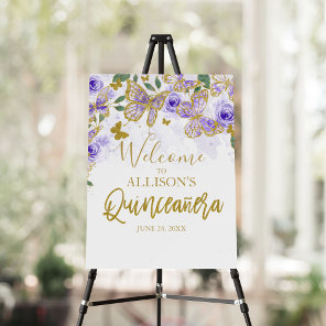 Quinceanera Purple Butterflies Floral Welcome Sign