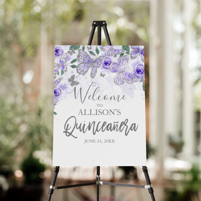 Quinceanera Purple Butterflies Floral Welcome Sign (Creator Uploaded)