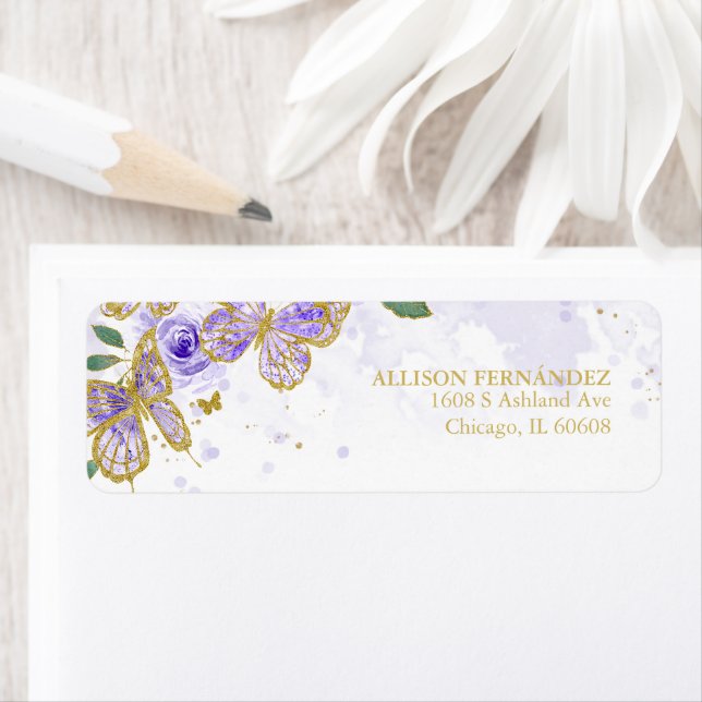 Quinceanera Purple Butterfly Floral Label (Insitu)