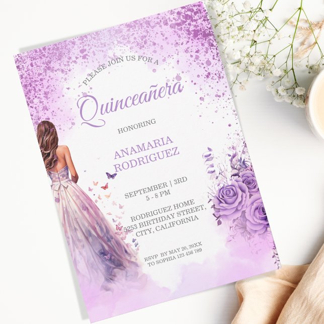 Quinceañera Purple Dress Floral Butterflies Invitation (lavender purple roses and dress with butterflies)