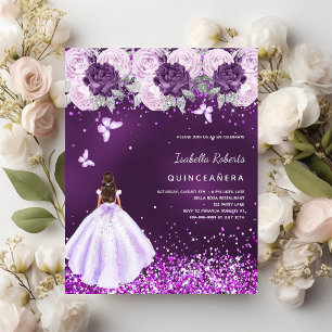 Quinceanera purple dress pink florals invitation