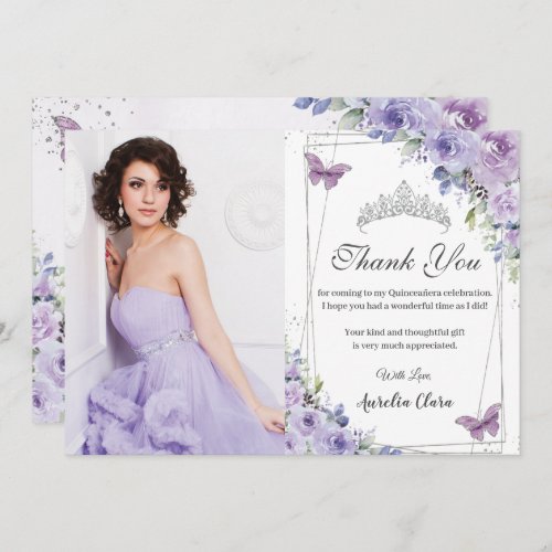 Quinceaera Purple Floral Butterflies 16 Birthday Thank You Card