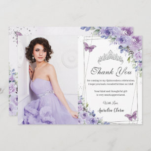 Quinceañera Purple Floral Butterflies 16 Thank You Invitation