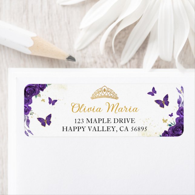Quinceañera Purple Floral Butterflies Address Label (Insitu)