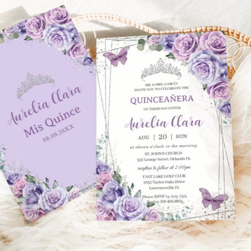 Quinceaera Purple Floral Butterflies Birthday Invitation