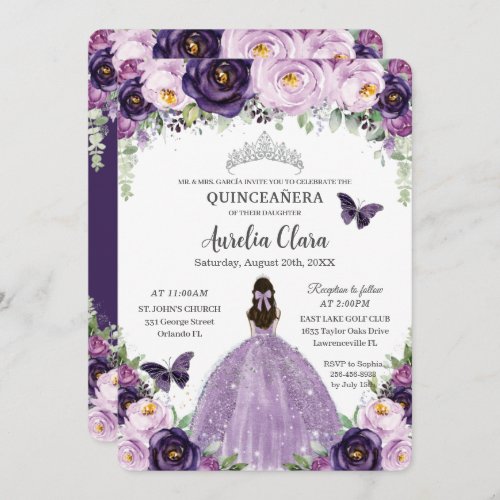 Quinceaera Purple Floral Butterflies Silver Tiara Invitation