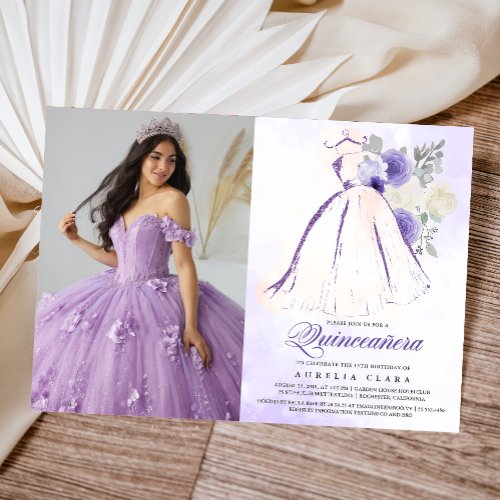 Quinceaera Purple Floral Dress 15th Birthday Invitation