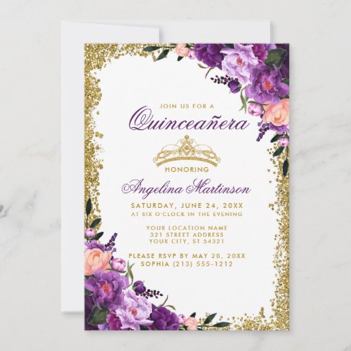 Quinceanera Purple Floral Gold Crown Glitter Invitation | Zazzle