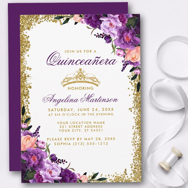 Quinceanera Purple Floral Gold Crown Glitter Invitation (Customize to change text color, style, add text & photos to back or change color of back of card.)