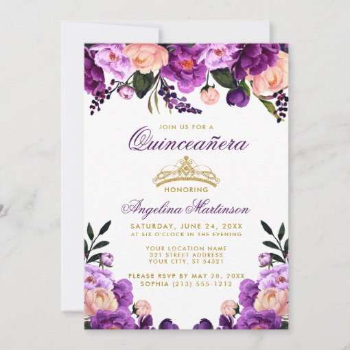 Quinceanera Purple Floral Gold Crown Invitation | Zazzle