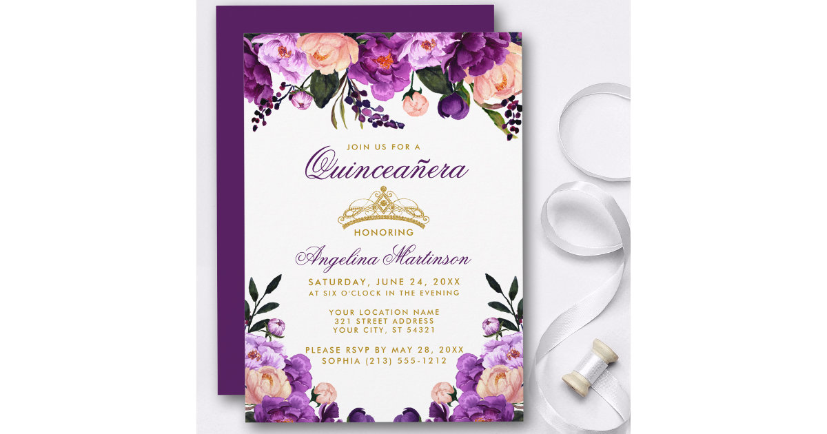 Quinceañera Purple Lilac Floral Princess Spanish Invitation